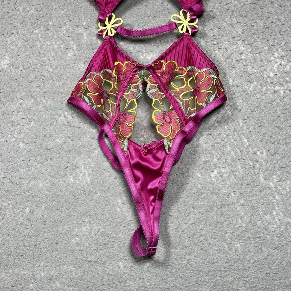 For Love & Lemons Lingerie Medium Teddy Pink Floral Cut Out Strappy Thong - Picture 3 of 11